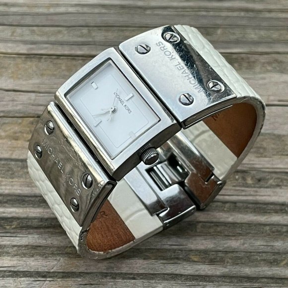 Michael Kors Women Watch White Leather Silver Steel Band Analog Ladies Wrist Wat